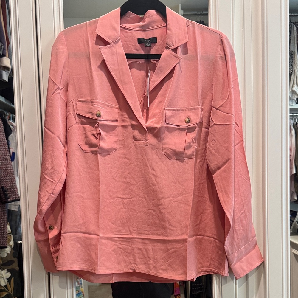 J.Crew Silk Patch Pocket Popover Shirt – Warm Rose (Size Small)